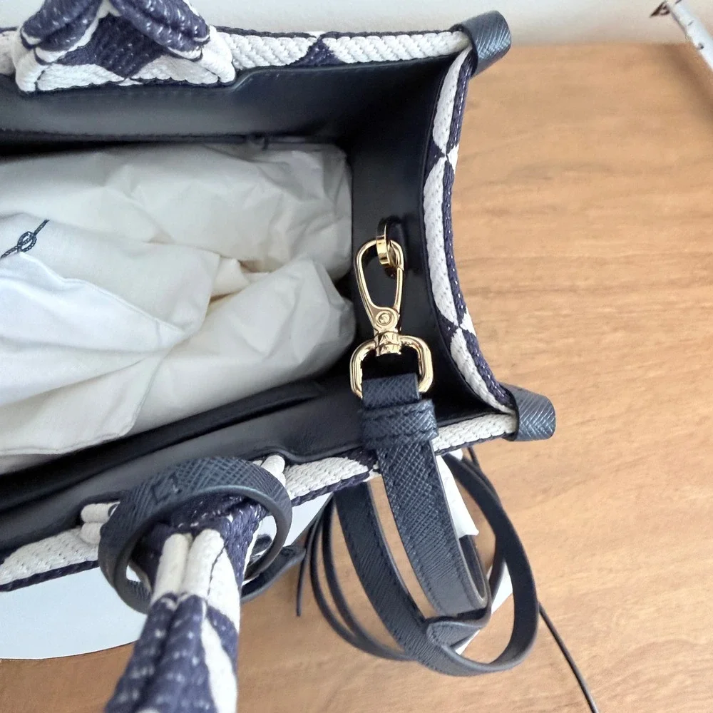 Prada Milano 1BA354 Symbole Jacquard Tote Blue White Triangle Pattern Bag Italy